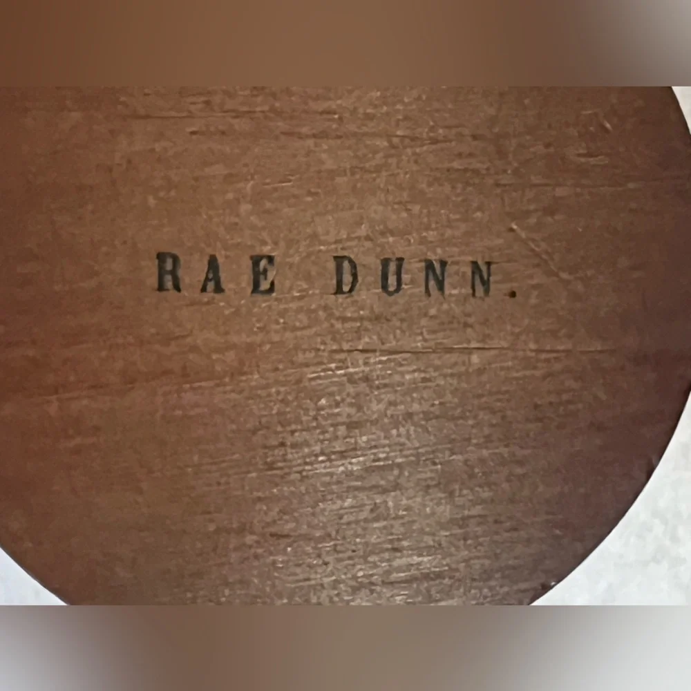 Rae Dunn glass with wood lid‎ container with red lettering “COTTON BALLS”